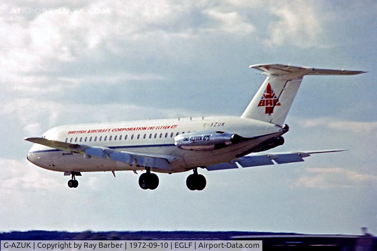 G-AZUK, 1971 BAC 111-476FM One-Eleven C/N 241, BAC 1-11/476FM One-Elven [241] (British Aircraft Corporation) Farnborough~G 10/09/1972. From a slide.