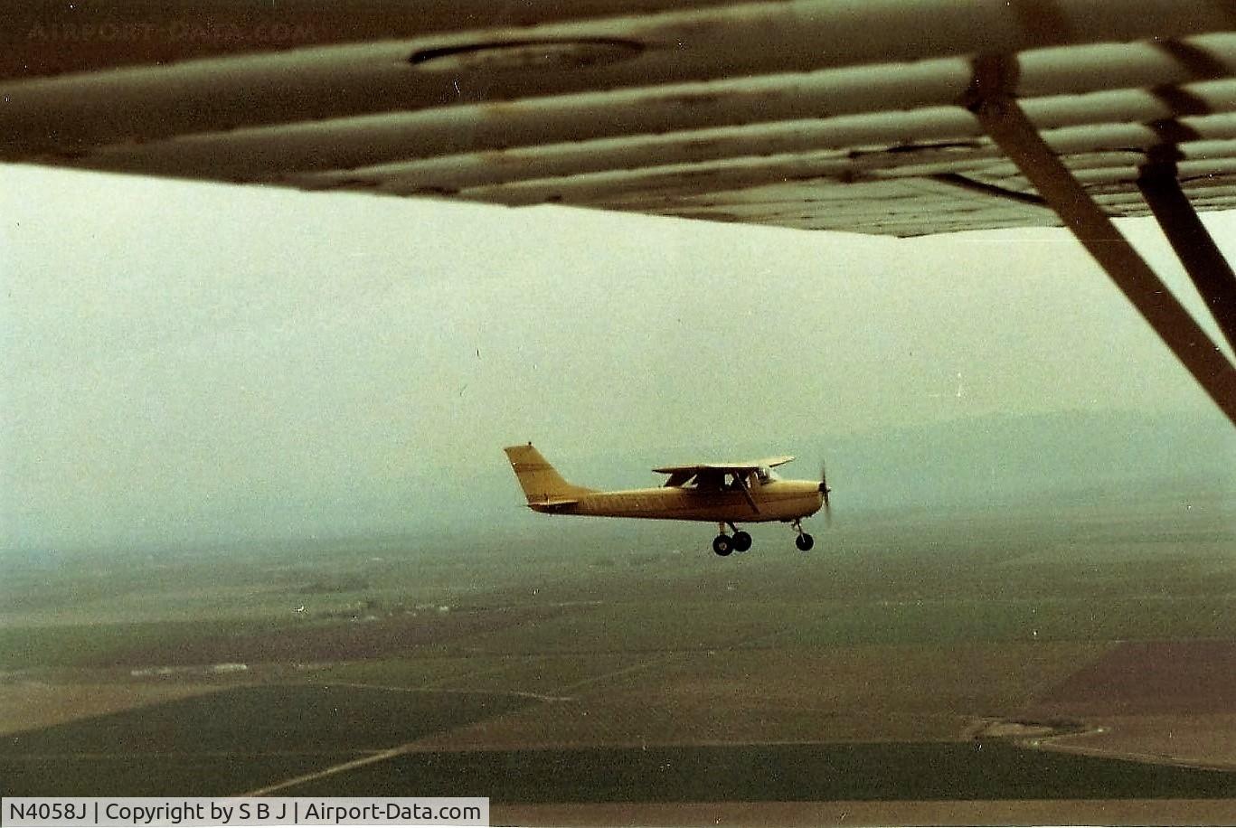 N4058J, 1966 Cessna 150G C/N 15065358, 58J with pilot Martin using a little flap to make speed more compatible with the Aeronca Chief.