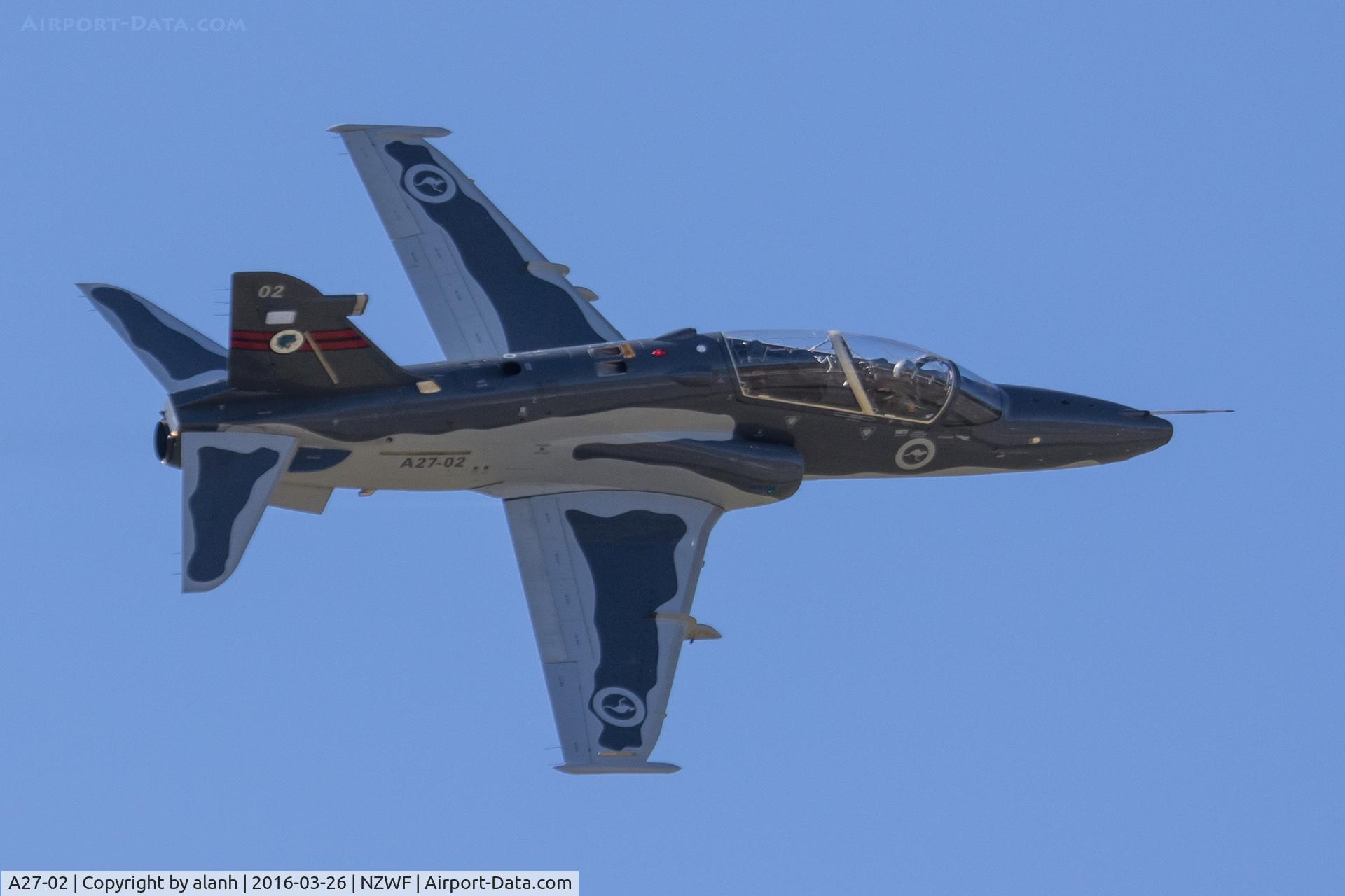 A27-02, 2000 British Aerospace Hawk 127 C/N DT02, Topside pass by the singleton from a four-ship formation of RAAF Hawks at Wings Over Wanaka