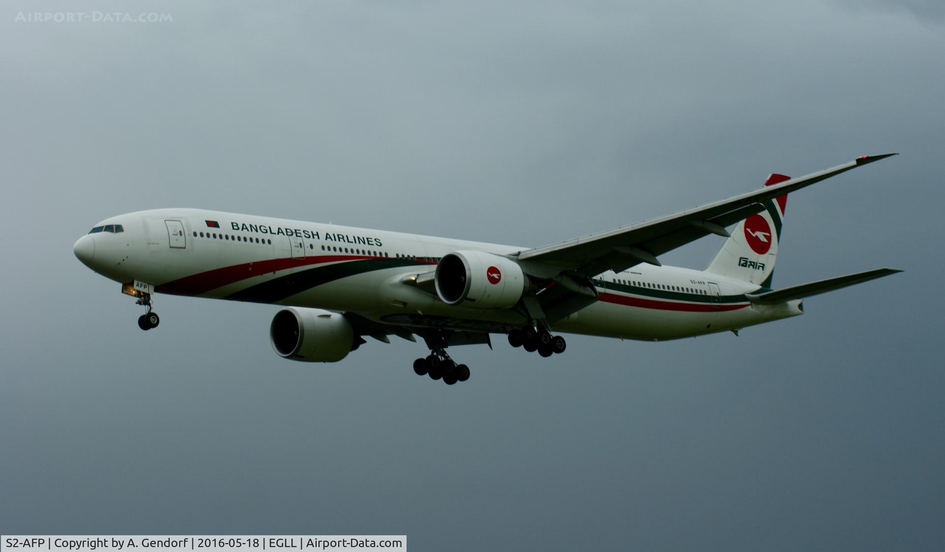 S2-AFP, 2011 Boeing 777-3E9/ER C/N 40123, Biman Bangladesh, is here landing at London Heathrow(EGLL)