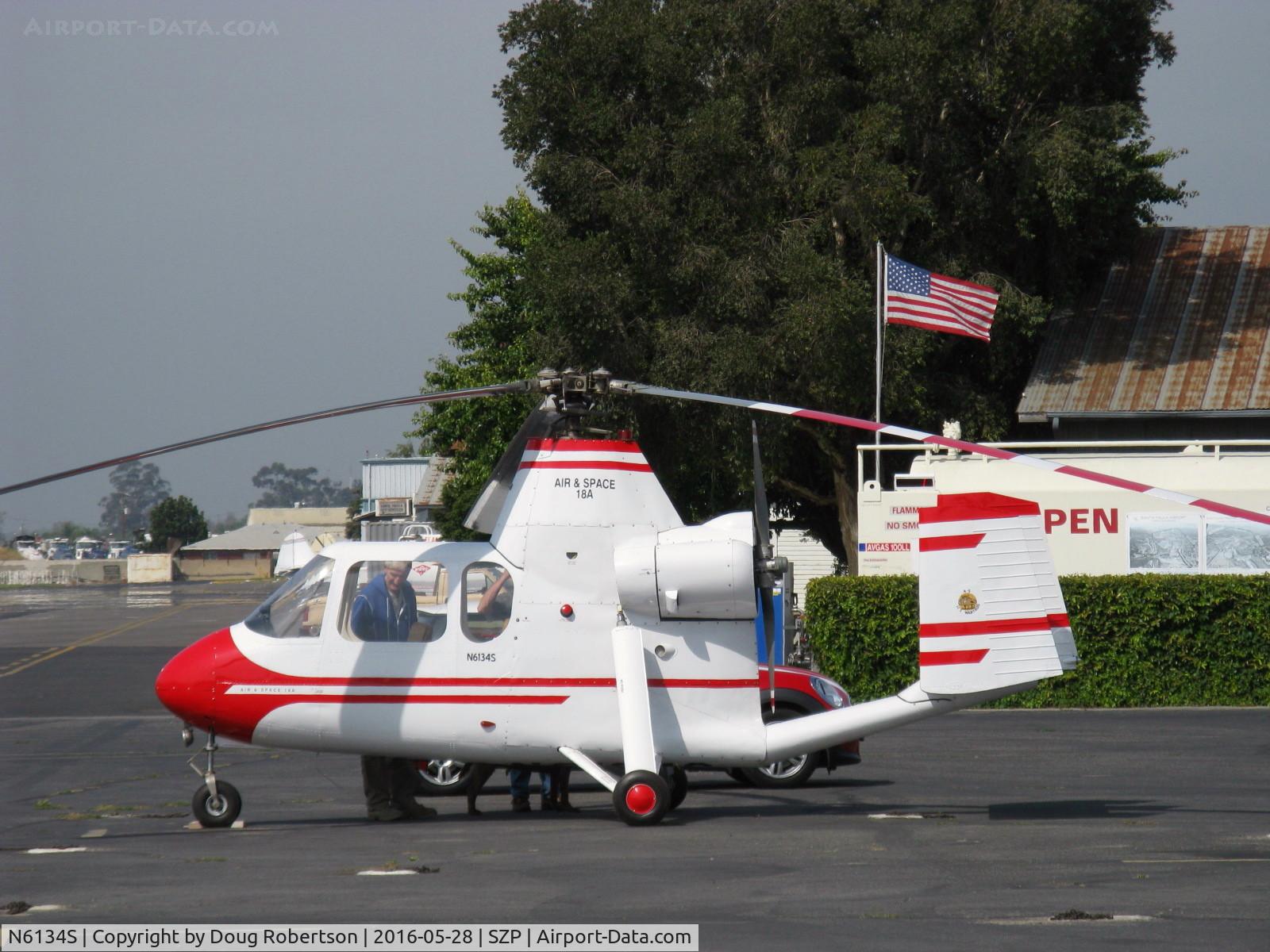 N6134S, 1965 Air & Space America Inc 18A C/N 18-41, 1965 Air & Space Mfg. Inc. 18A rare jump-start Autogyro derived from Umbaugh 18. Tandem seats. Lycoming O&VO-360 180 Hp pusher. A&P owner Al has 3 of these production rarities-always attracts attention