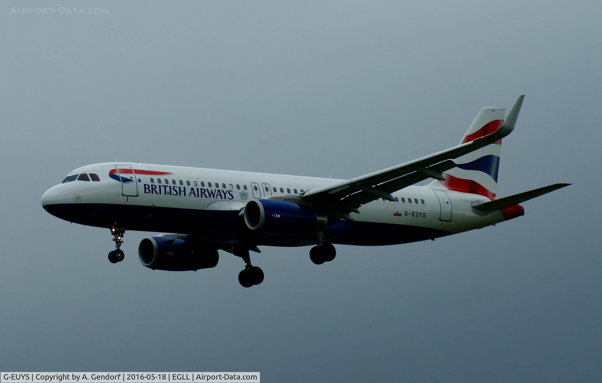 G-EUYS, 2013 Airbus A320-232 C/N 5948, British Airways, is here landing on RWY 27L at London Heathrow(EGLL)