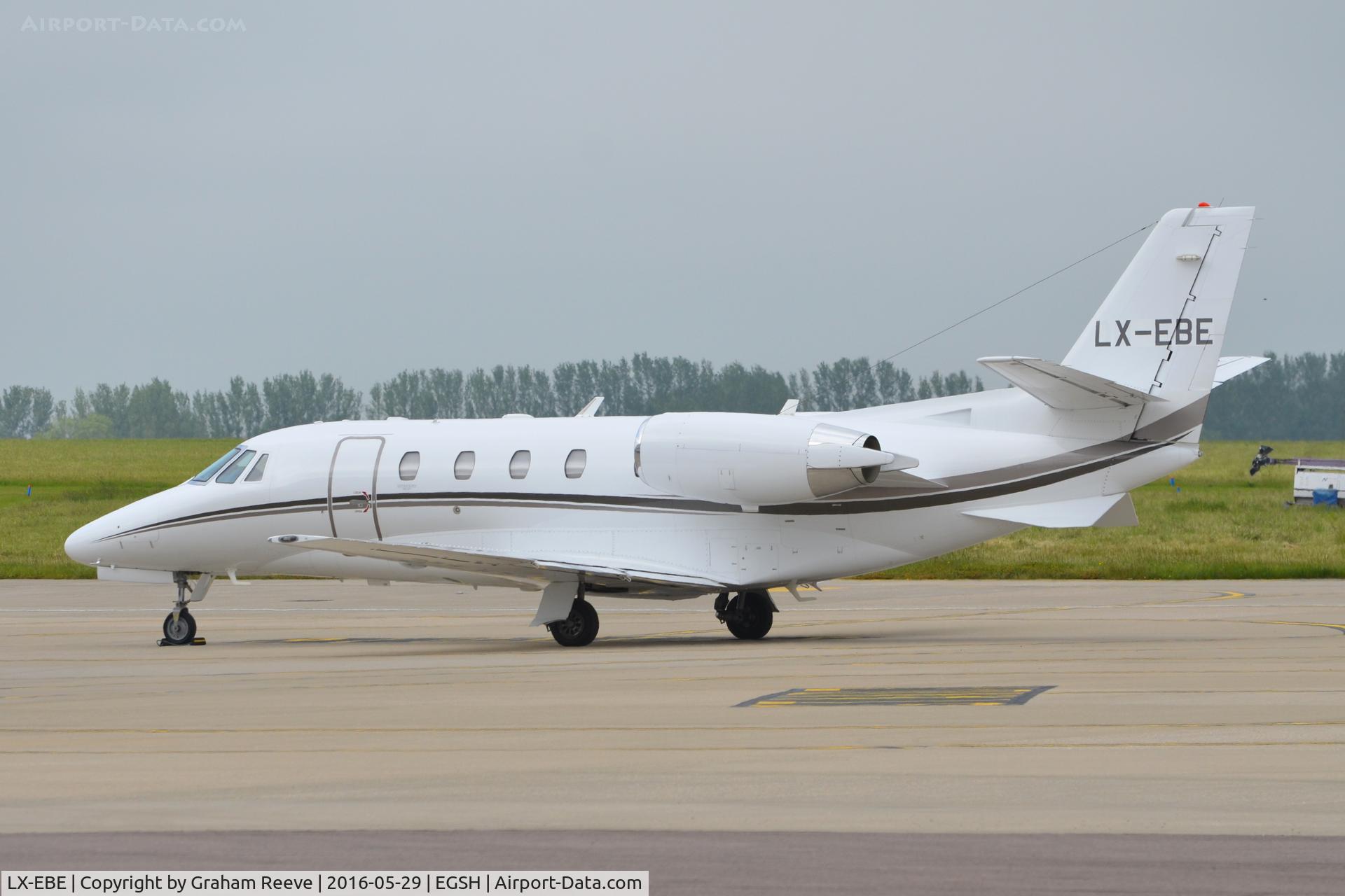 LX-EBE, 2009 Cessna 560XL Citation XLS+ C/N 560-6025, Parked at Norwich.