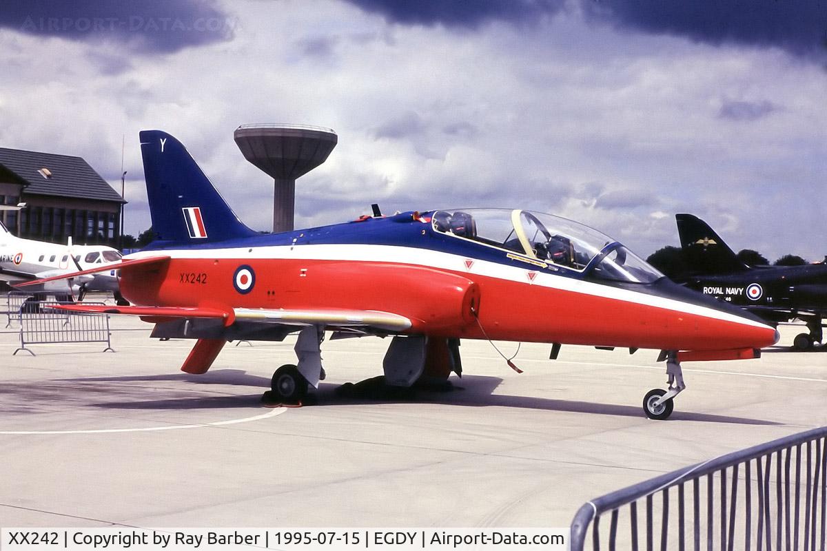 XX242, 1978 Hawker Siddeley Hawk T.1 C/N 078/312078, BAe Systems Hawk T.1A [31278] (Royal Air Force) RNAS Yeovilton~G 15/07/1995. From a slide.