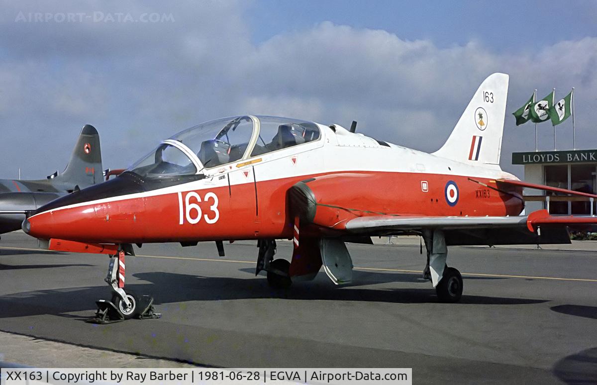 XX163, 1976 Hawker Siddeley Hawk T.1 C/N 010/312010, BAe Hawk T.1 [312010] (Royal Air Force) RAF Fairford~G 28/06/1981. From a slide.