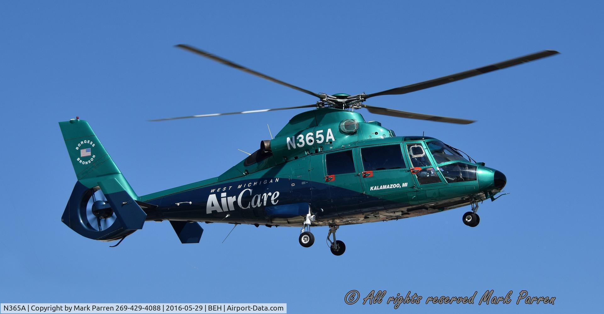 N365A, 1990 Aerospatiale AS-365N-2 Dauphin C/N 6379, Memorial weekend, N365A leaving Lakeland Healthcare Saint Joseph, Michigan, en-route to Bronson Hospital Kalamazoo.