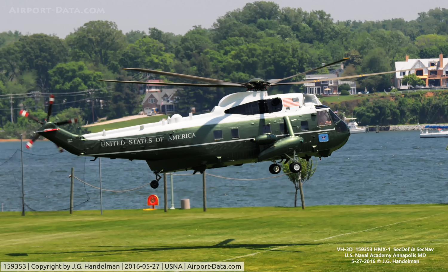 159353, Sikorsky VH-3D Sea King C/N 61727, Lift off at U.S. Naval Academy.