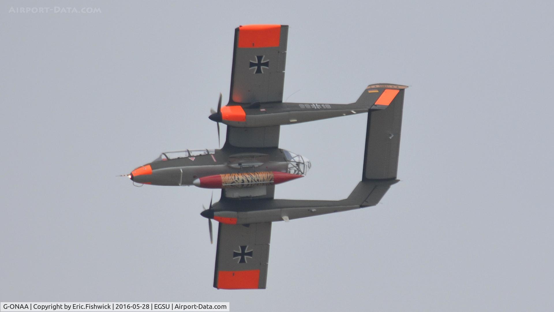 G-ONAA, 1971 North American OV-10B Bronco C/N 338-3, 44. G-ONAA in display mode, under very grey skies at the IWM American Airshow, May 2016.