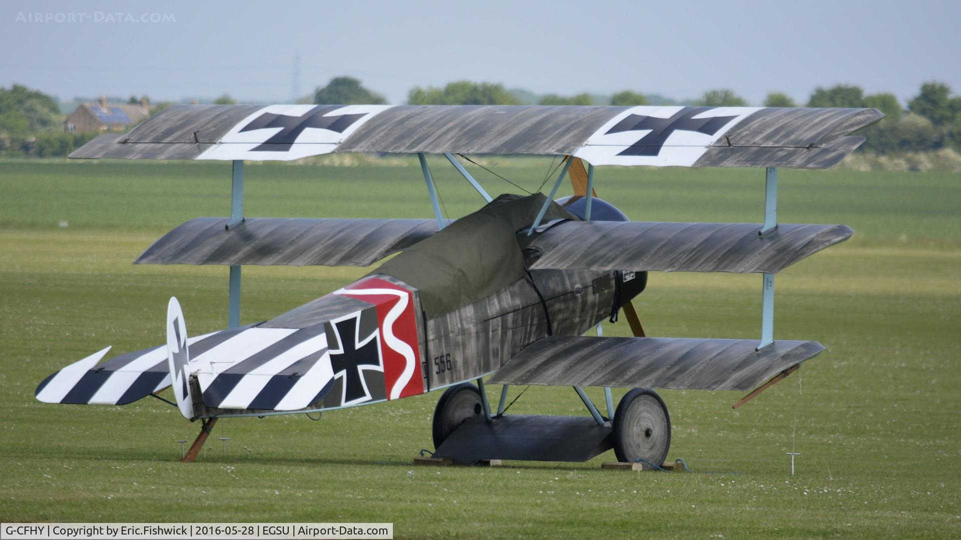 G-CFHY, 2010 Fokker Dr.1 Triplane Replica C/N PFA 238-14408, 4. G-CFHY emerging fro the morning mist at the IWM American Airshow, May 2016.