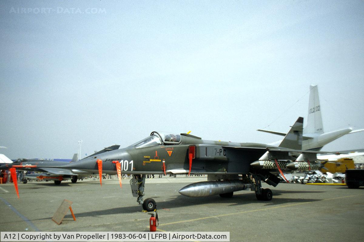 A12, Sepecat Jaguar A C/N A12, SEPECAT Jaguar A of the French Air Force at Le Bourget 1983. It was carrying the code 7-PC at that time.