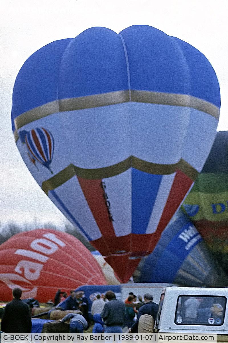 G-BOEK, 1988 Cameron Balloons V-77 C/N 1658, Cameron V-77 HAFB [1658] Marsh Benham~G 07/01/1989. From a slide.