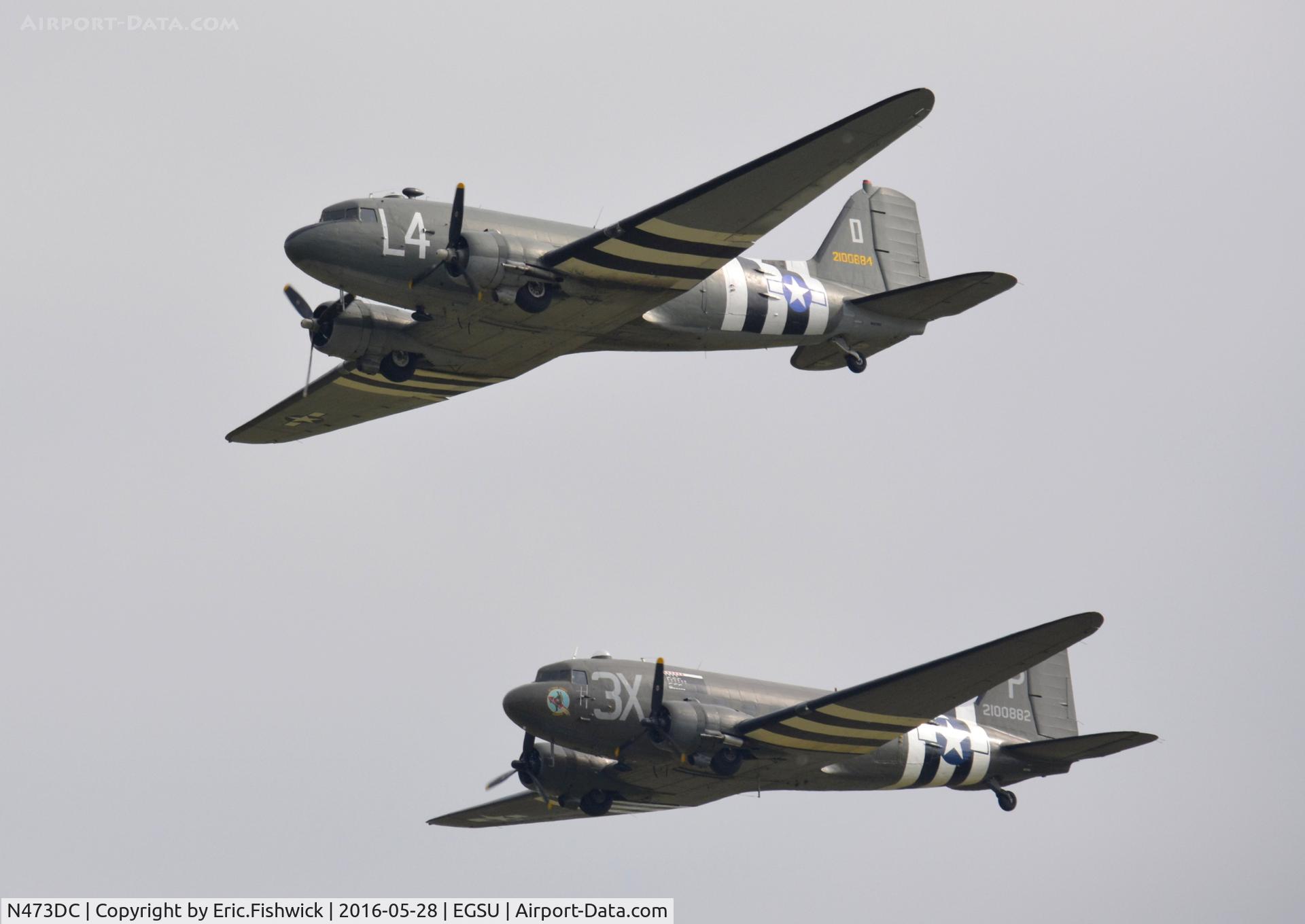 N473DC, 1942 Douglas DC3C (C-47A) C/N 19345, 45. a pair of superb Dakotas against the grey skies at the IWM American Airshow, May 2016.