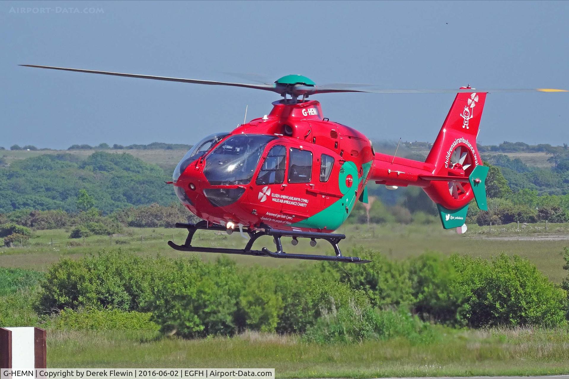 G-HEMN, 2012 Eurocopter EC-135T-2+ C/N 1070, EC-135T-2+, Wales Air Ambulance Helicopter call sign Helimed 57. Dafen based, seen letting down at the pumps out of Morriston Hospital.