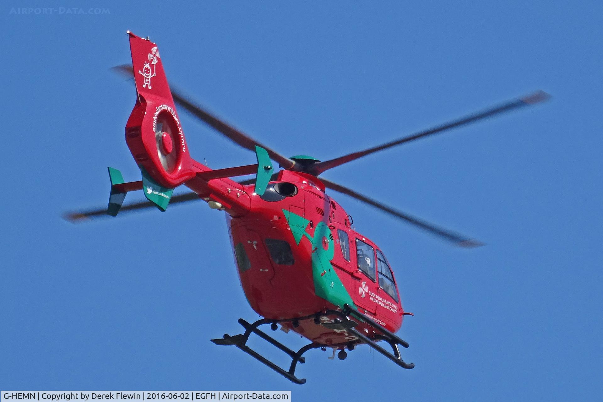 G-HEMN, 2012 Eurocopter EC-135T-2+ C/N 1070, EC-135T-2+, Wales Air Ambulance Helicopter call sign Helimed 57. Dafen based, seen departing EGFH after taking on fuel, en-route to Morriston Hospital.