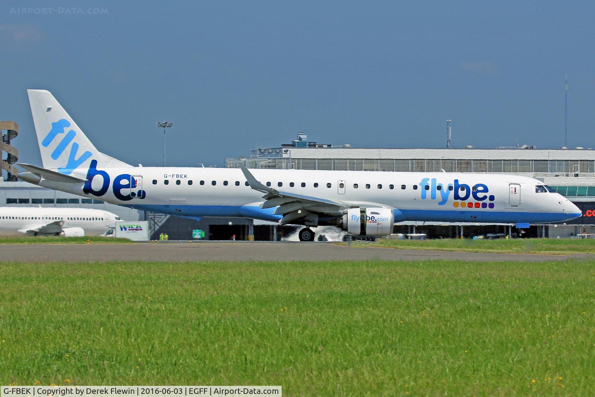 G-FBEK, 2008 Embraer 195LR (ERJ-190-200LR) C/N 19000168, Embraer 195LR, Flybe, call sign Jersey 4TA, previously PT-SDC,  landing on runway 12 out of Glasgow, note the open reverse thruster doors.