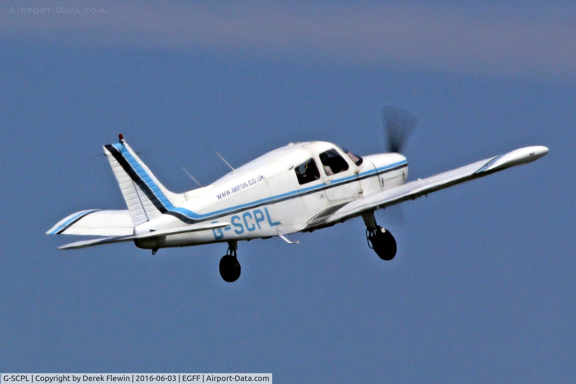 G-SCPL, 1977 Piper PA-28-140 Cherokee Cruiser C/N 28-7725160, Cherokee, Aeros, seen departing runway 12 for circuits.