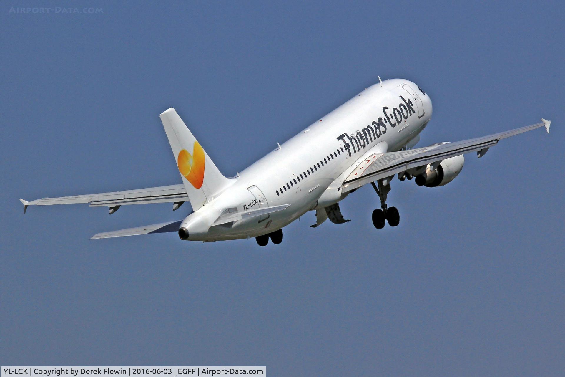 YL-LCK, 1998 Airbus A320-214 C/N 936, A320-214, Thomas Cook Airlines, Cardiff based, previously F-WWIT, N101UW, RP-C3229, HB-JIZ, OE-IBU, callsign Kestrel  14AB, seen pulling out from runway 12 en-route to Tenerife Sur.