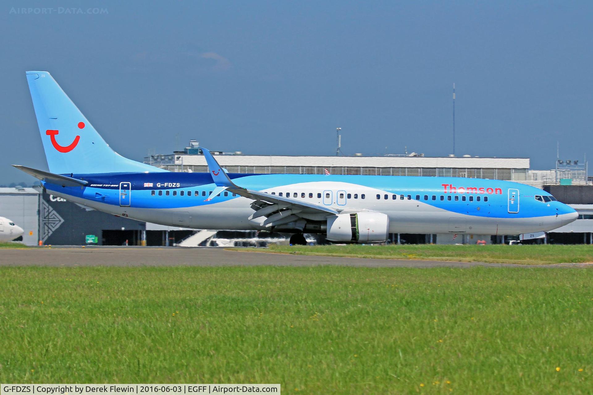 G-FDZS, 2009 Boeing 737-8K5 C/N 35147, 737-8K5, Thomson Airways, call sign Thomson 4PK, previously N1786B, seen landing on runway 12 out of Zakynthos, note the open reverse thruster doors. See also is the, Scimitar Winglet System which lowers drag by 2%, better c02 emissions, payload and durat