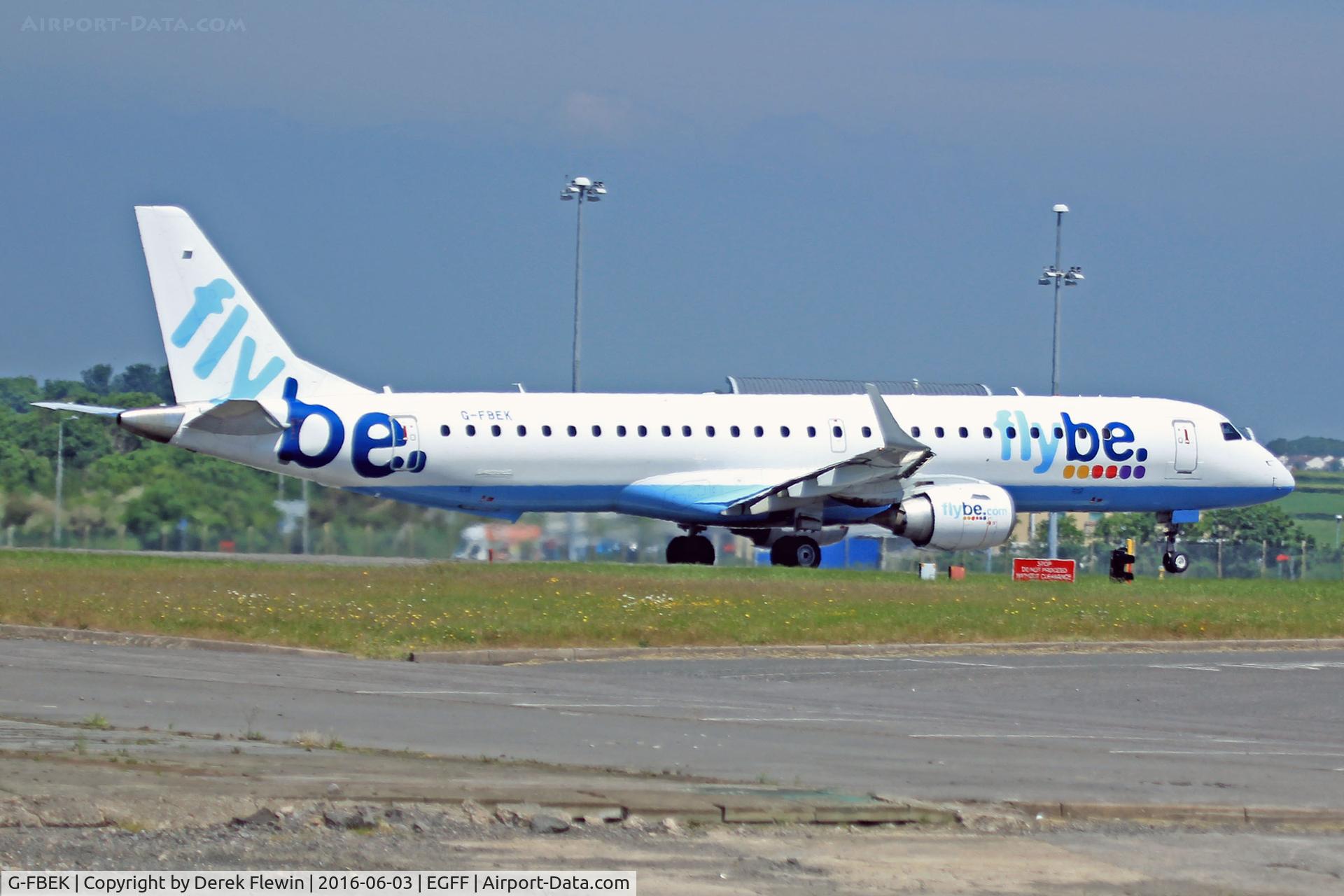 G-FBEK, 2008 Embraer 195LR (ERJ-190-200LR) C/N 19000168, Embraer 195LR, Flybe, call sign Jersey 862J, previously PT-SDC, seen departing runway 12 en-route to Glasgow.