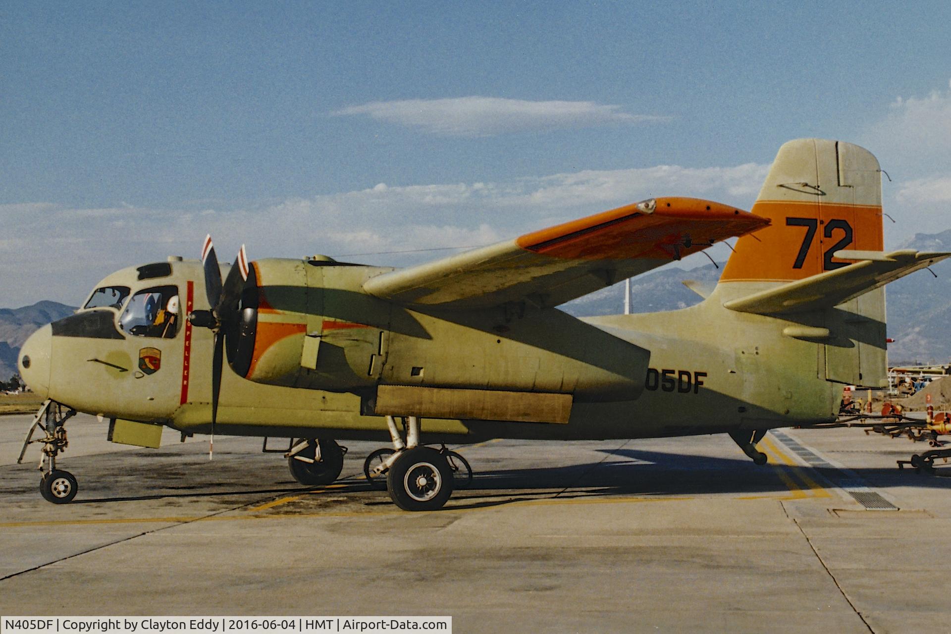 N405DF, 1974 Grumman S2F-1 (TS-2A) Tracker C/N 266, N405DF parked on the ramp at Hemet airport in California. 1990.