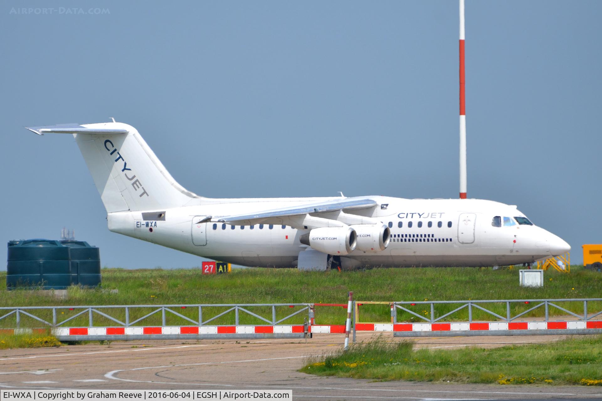 EI-WXA, 1997 British Aerospace Avro 146-RJ85A C/N E2310, Parked at Norwich.