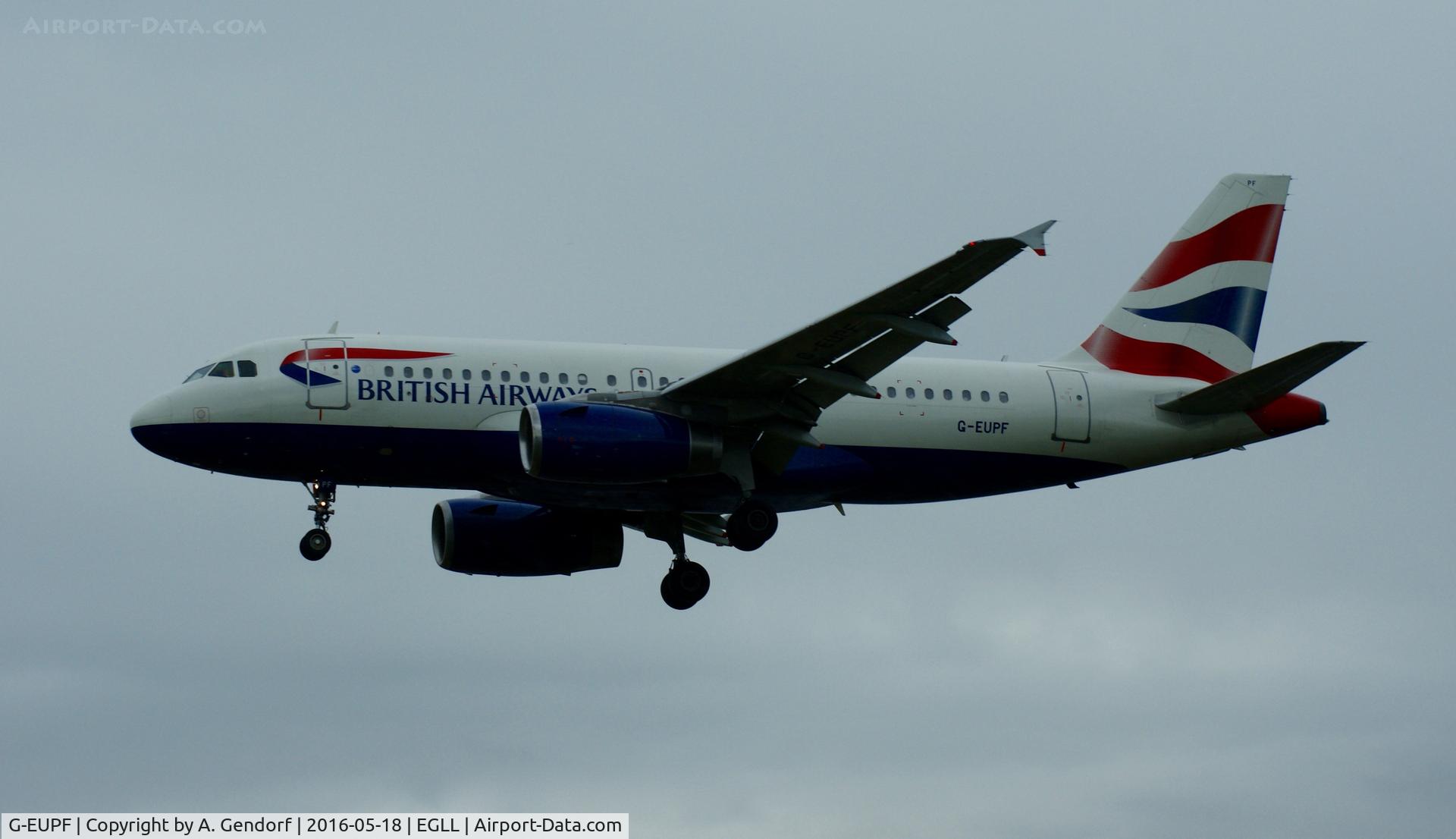 G-EUPF, 2000 Airbus A319-131 C/N 1197, British Airways, is here landing at RWY 27L at London Heathrow(EGLL)
