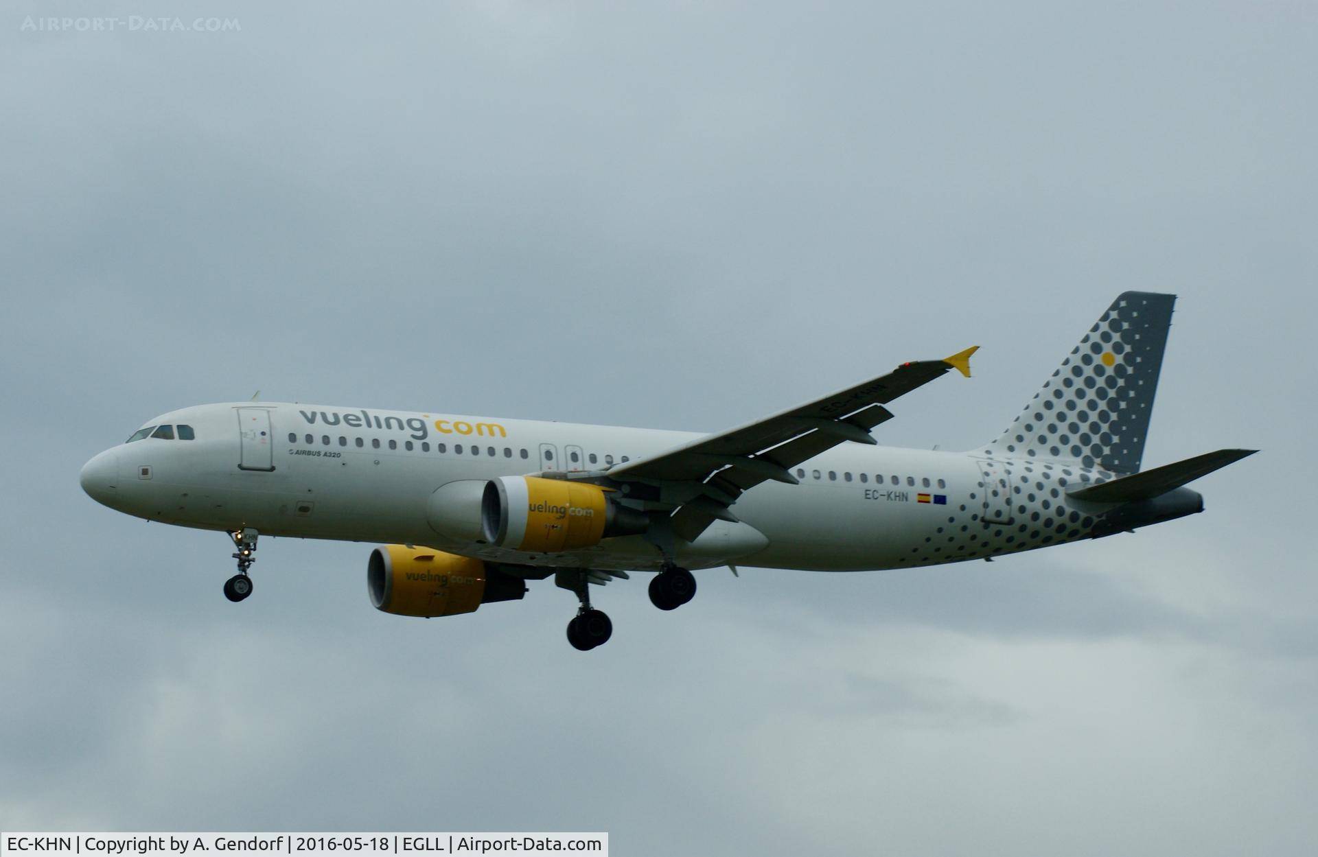 EC-KHN, 2007 Airbus A320-216 C/N 3203, Vueling Airlines, is here on finals at London Heathrow(EGLL)