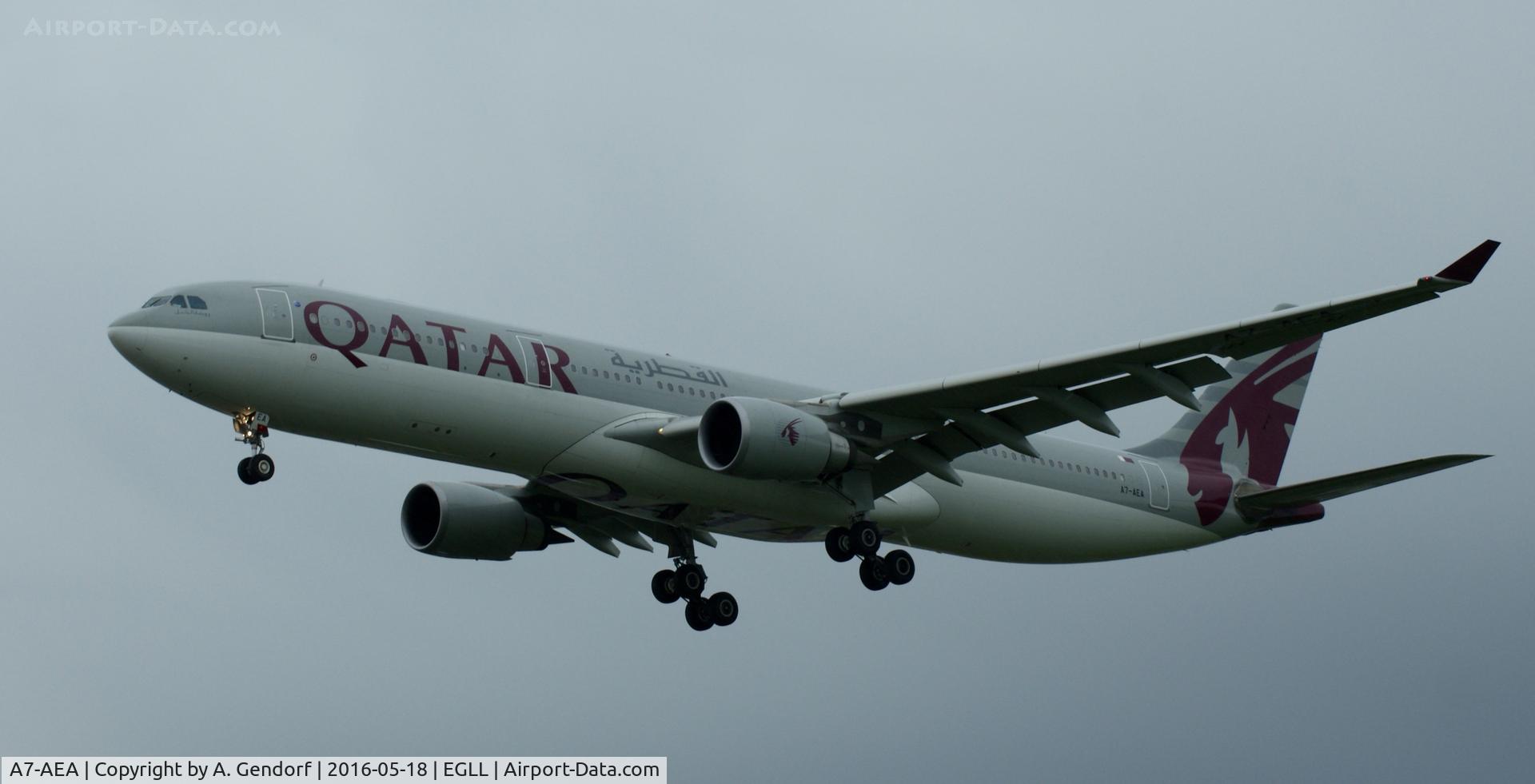 A7-AEA, 2004 Airbus A330-302 C/N 623, Qatar Airways, is here landing at London Heathrow(EGLL)