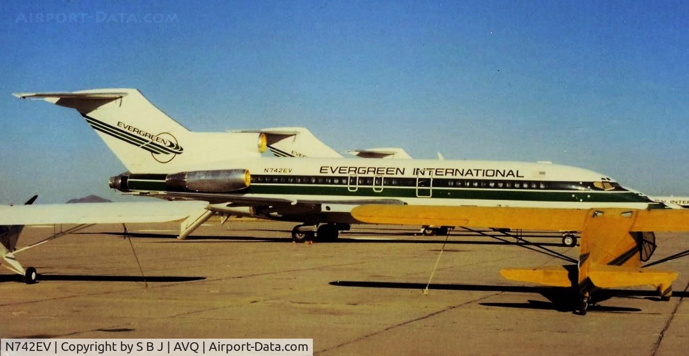 N742EV, 1967 Boeing 727-22 C/N 19140, 2EV seen here at Marana airport in 1990. It is now retired or at least deregistered as of 11-2013. It is or was a 1967 727-22 and in my opinion a fine looking bird. With rear exit extended, I always think of the D. B. Cooper story of 11-24-1971.