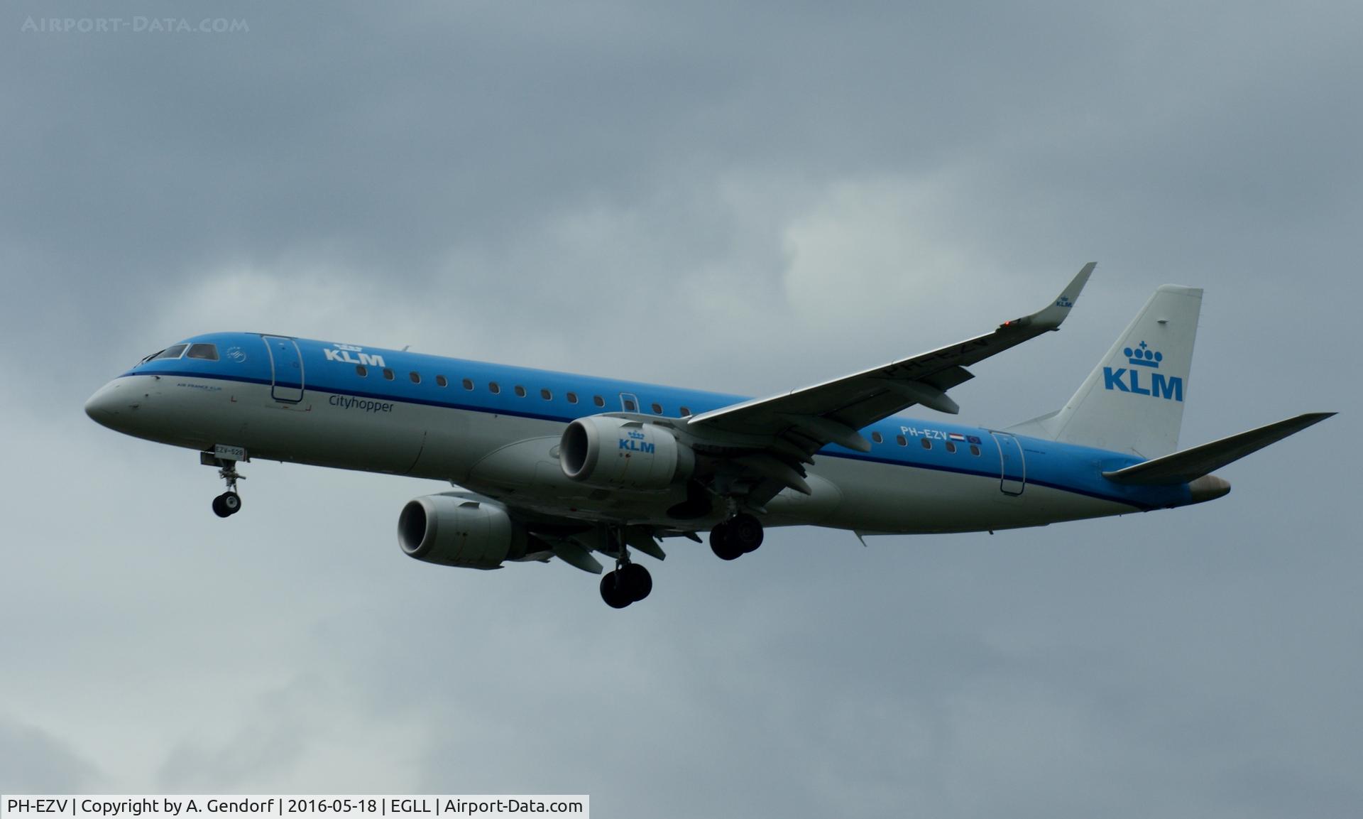 PH-EZV, 2012 Embraer 190LR (ERJ-190-100LR) C/N 19000528, KLM Cityhopper, is here on short finals RWY 27L at London Heathrow(EGLL)