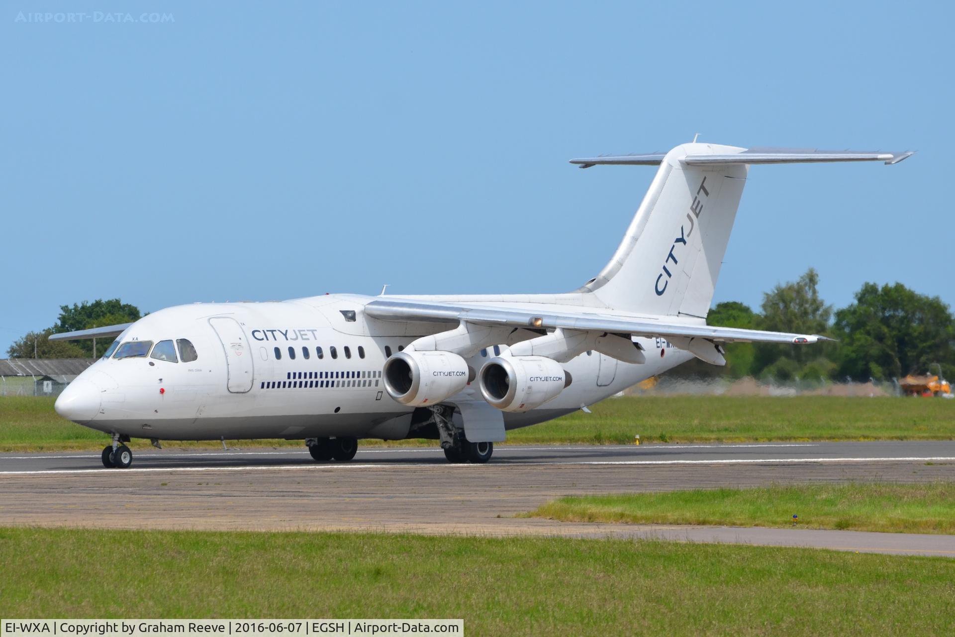 EI-WXA, 1997 British Aerospace Avro 146-RJ85A C/N E2310, About to depart from Norwich.