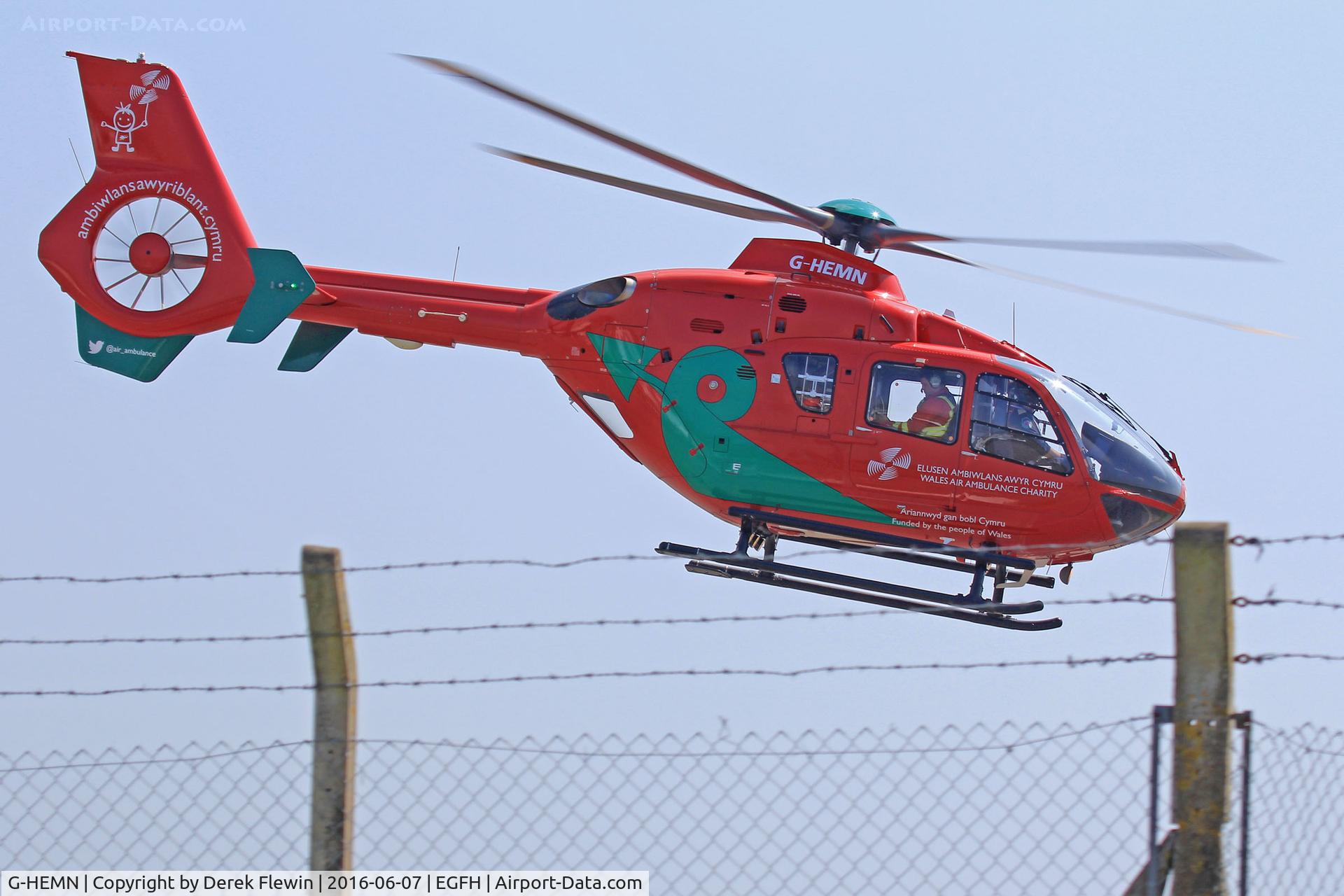 G-HEMN, 2012 Eurocopter EC-135T-2+ C/N 1070, EC-135T-2+, Wales Air Ambulance Helicopter call sign Helimed 57. Dafen based, seen after taking on fuel, hover taxxing prior to departing runway 22, en-route to Morriston Hospital.