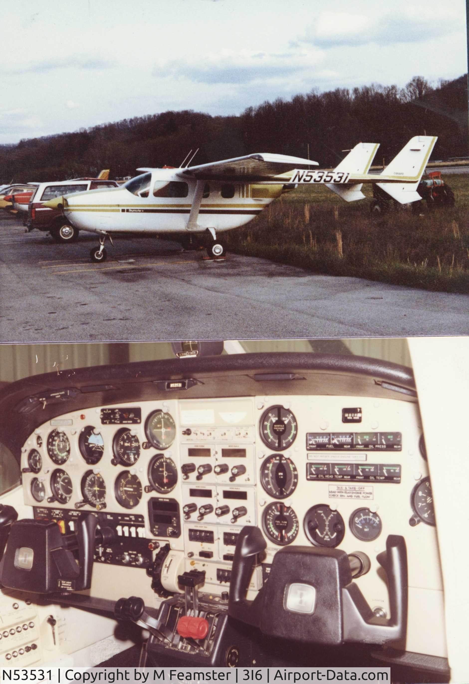 N53531, 1976 Cessna 337G Super Skymaster C/N 33701686, N53531 at 3I6, Combs field Paintsville, KY @ 1988.  We called it the Chartreuse Goose