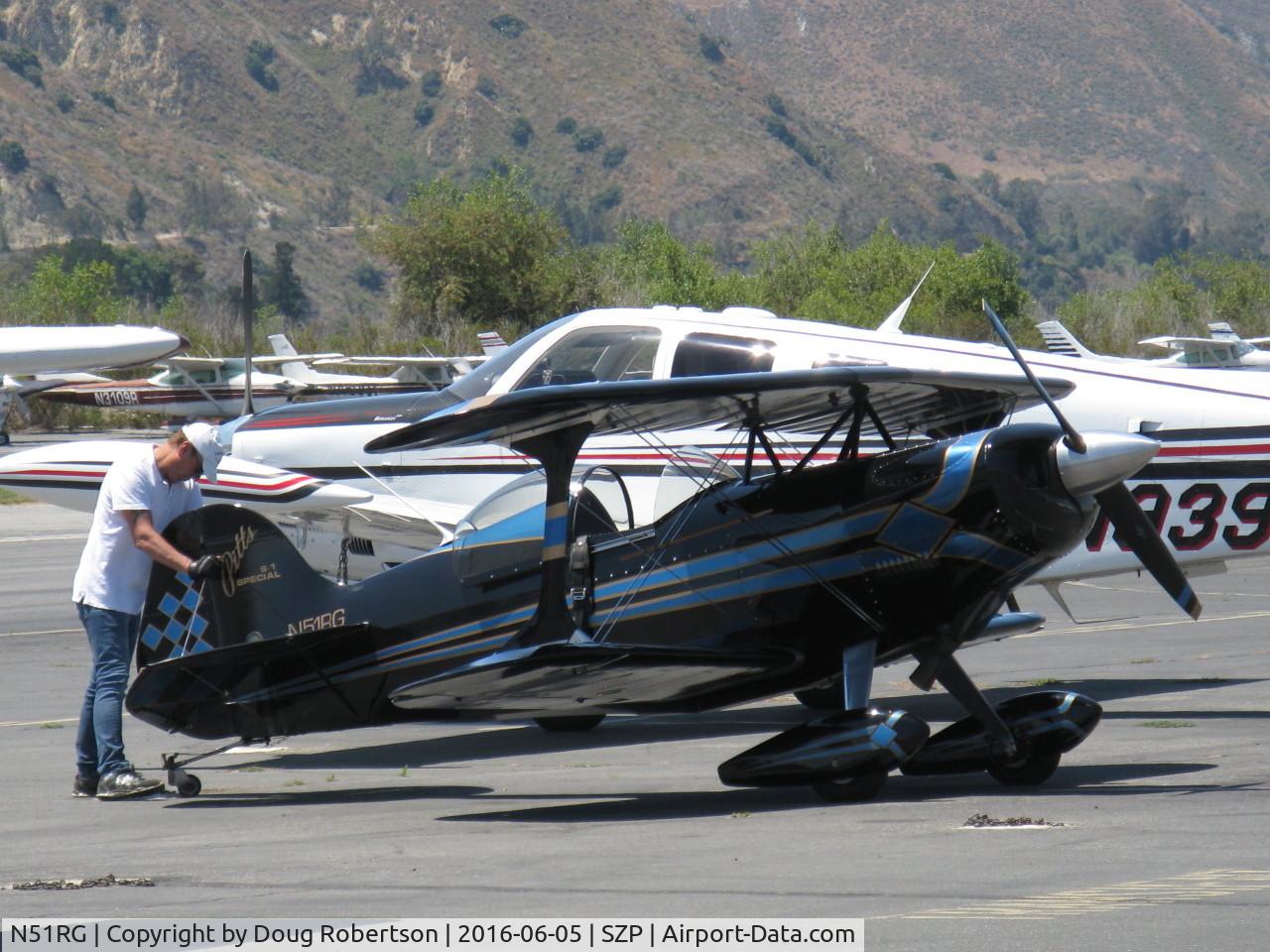 N51RG, Pitts S-1 Special C/N 110551, 1999 Griffin Pitts S-1 SPECIAL, single seat two ailerons version, spotting the aircraft on SZP transient ramp. A beautiful example of workmanship & condition!