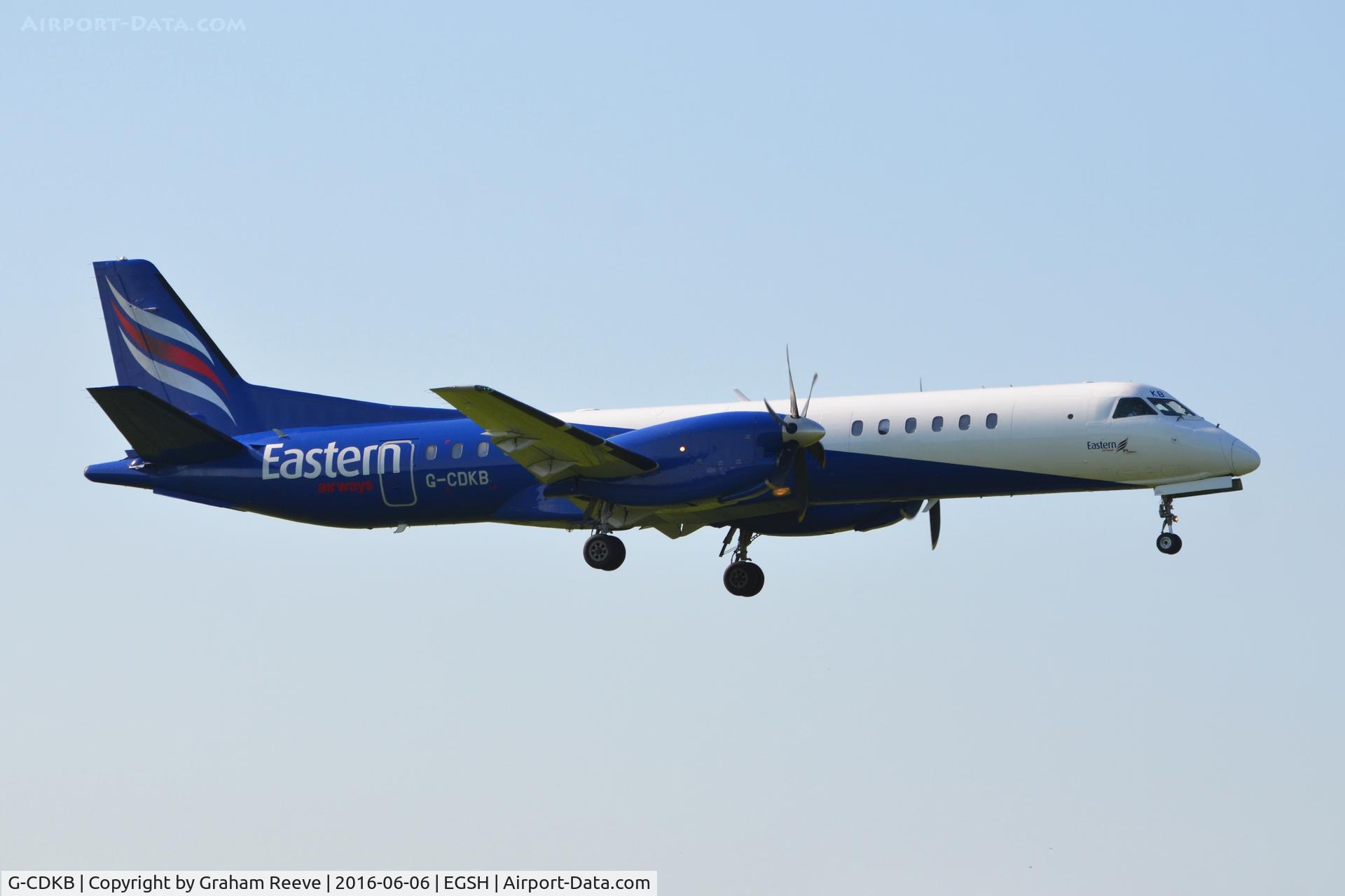 G-CDKB, 1996 Saab 2000 C/N 2000-032, Landing at Norwich.