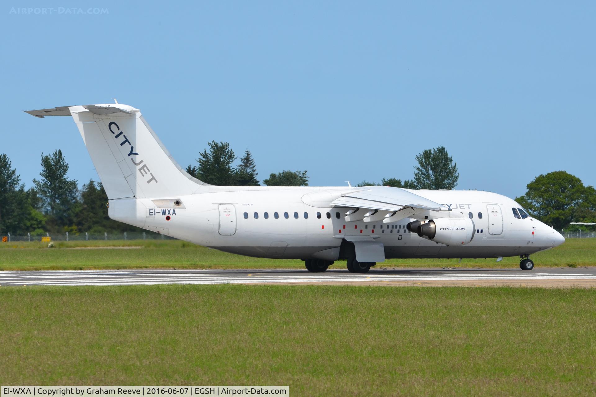 EI-WXA, 1997 British Aerospace Avro 146-RJ85A C/N E2310, About to depart from Norwich.