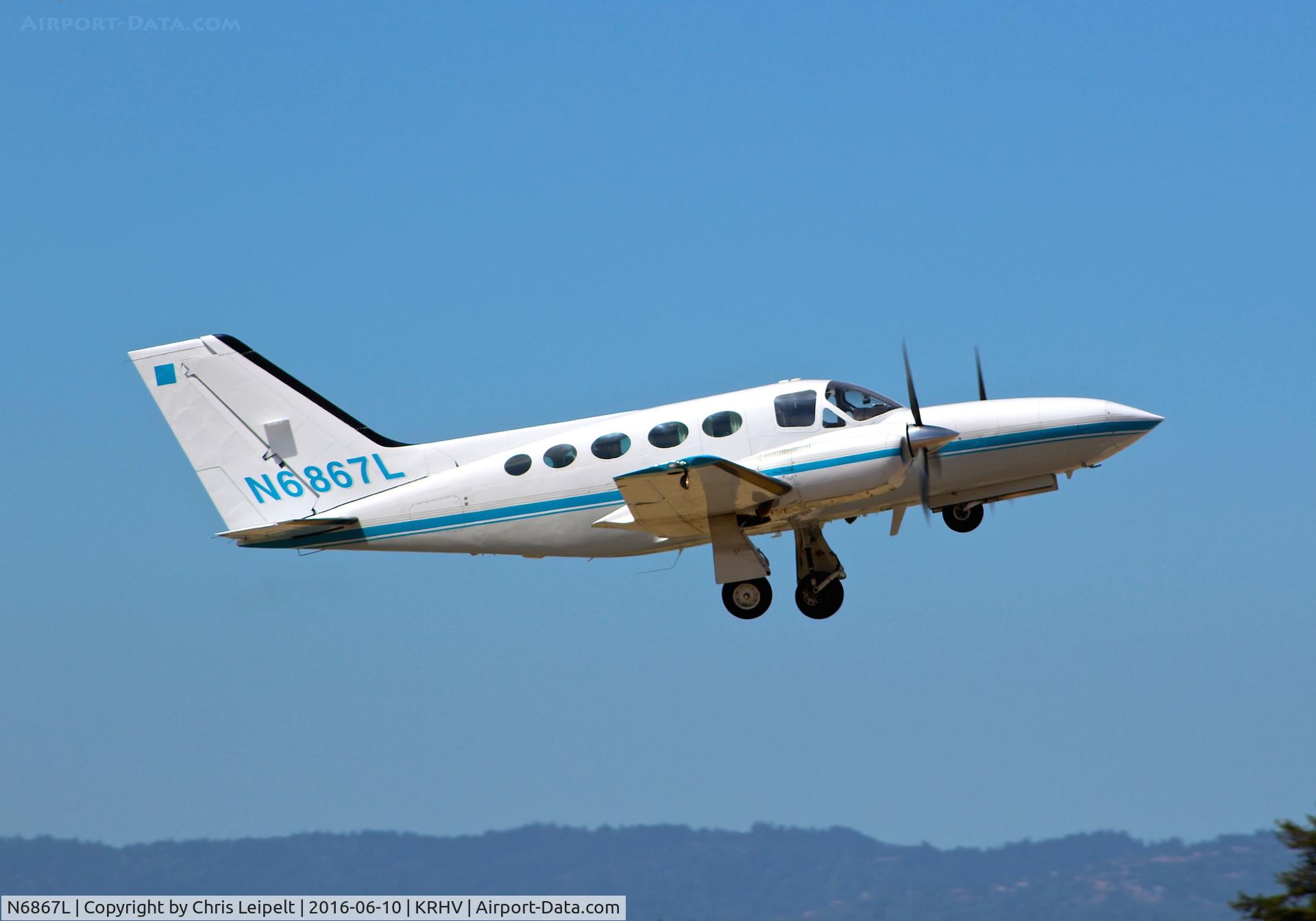 N6867L, 1981 Cessna 421C Golden Eagle C/N 421C1087, Locally-based 1981 Cessna 421C Golden Eagle departing IFR to KFAT Fresno at Reid Hillview Airport, San Jose, CA.