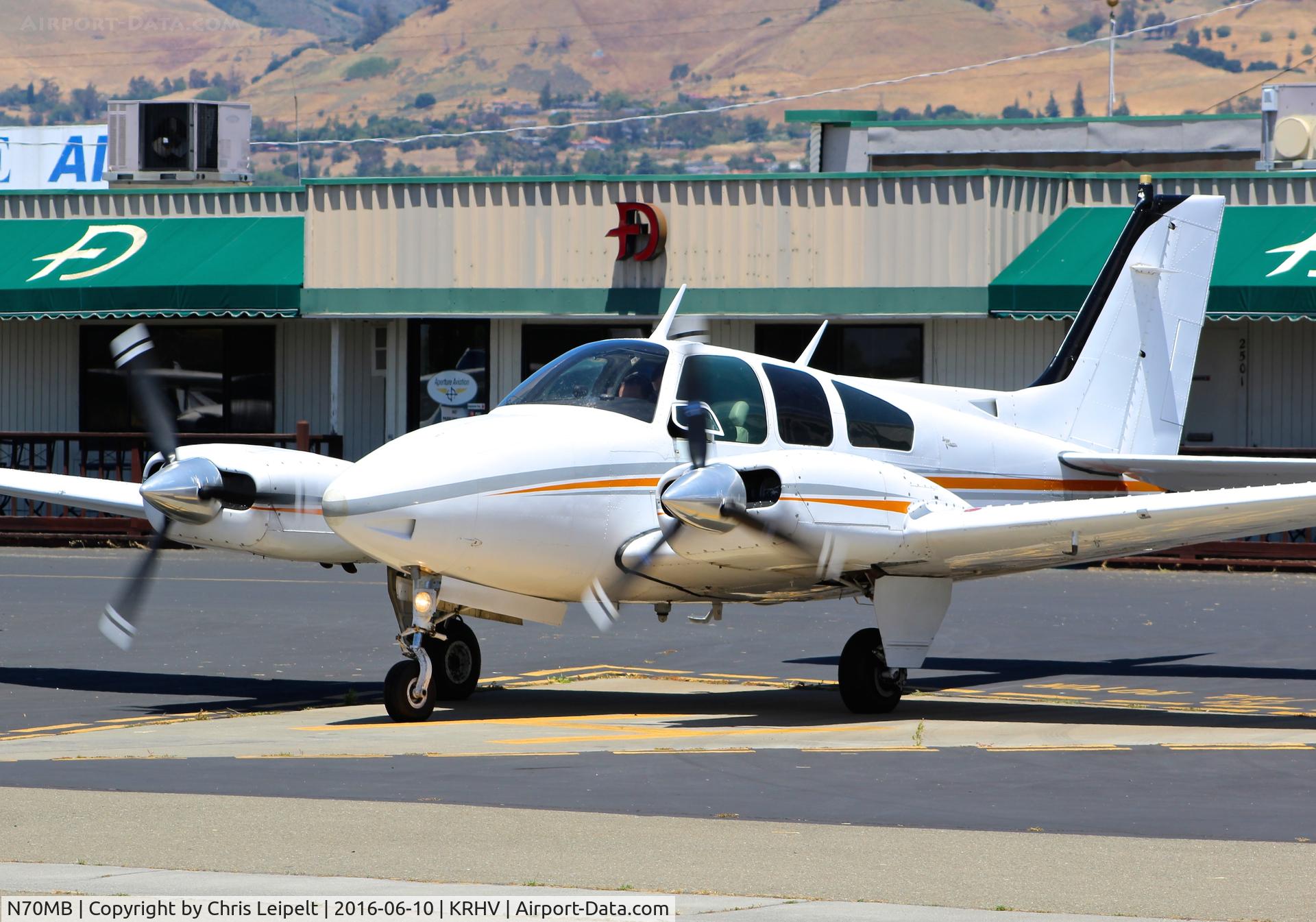 N70MB, 1968 Beech 95-B55 (T42A) Baron C/N TC-1193, California-based 1968 Beechcraft Baron 55 started up and preparing for taxi out and departure at Reid Hillview Airport, San Jose, CA.