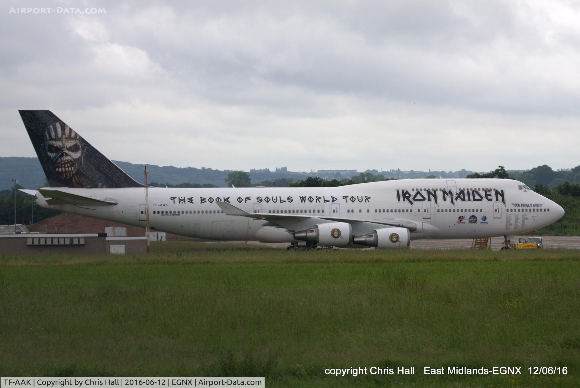 TF-AAK, 2003 Boeing 747-428 C/N 32868, Ed Force One at East Midlands for the Download Festival at Donnington Park