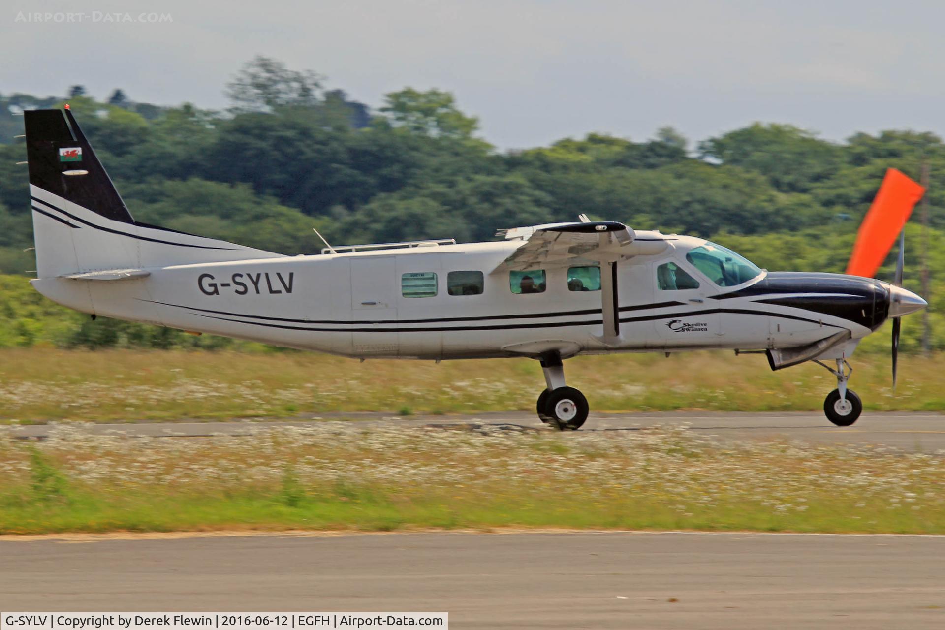 G-SYLV, 2002 Cessna 208B  Grand Caravan C/N 208B0936, Grand Caravan, Skydive Swansea, previously N40753, EC-IEV, D-FAAH, UR-CEGC, D-FAAH, seen departing runway 28 with a stick of x10 Parachutists.