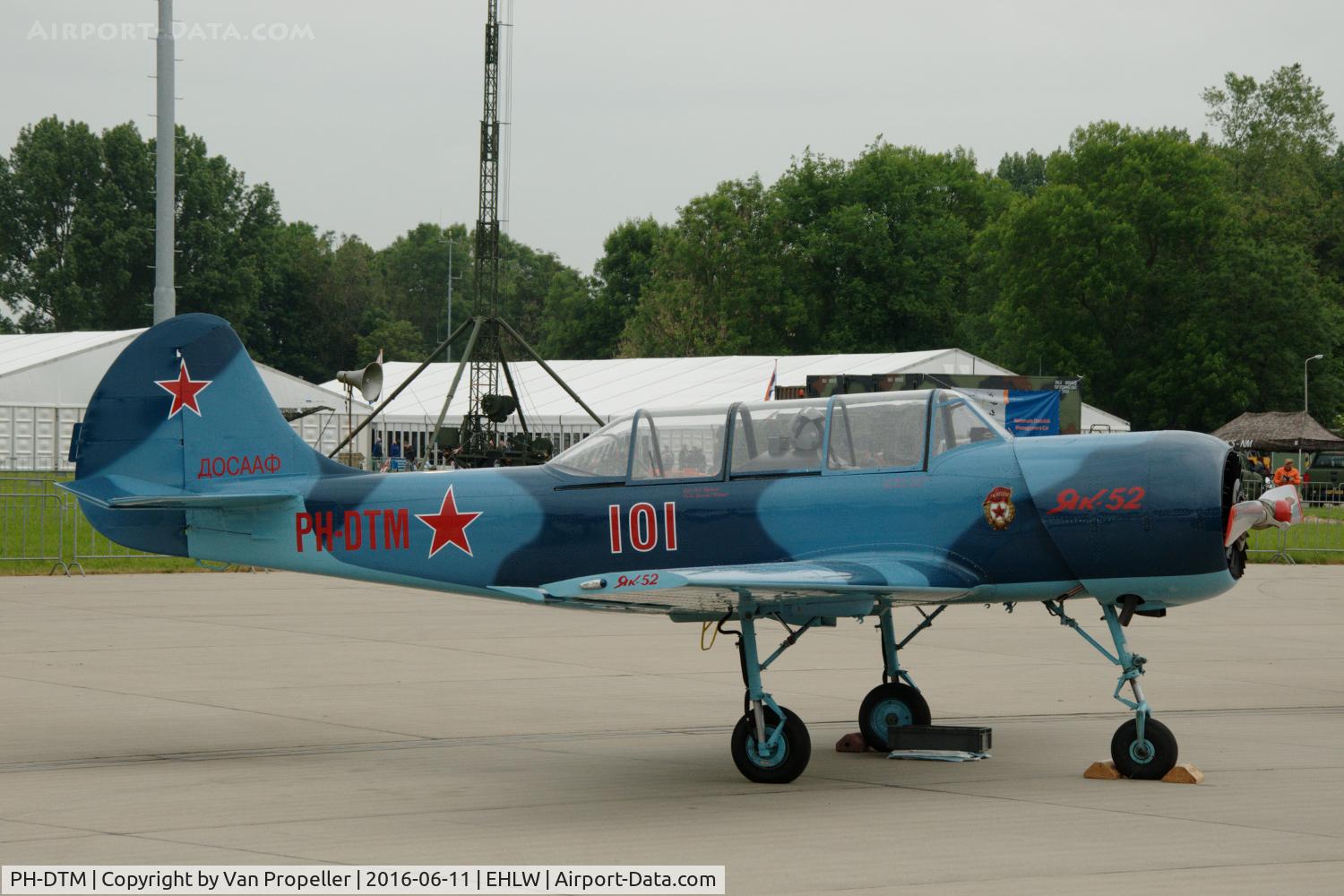 PH-DTM, 1988 Yakovlev (Aerostar) Yak-52 C/N 888914, Yakovlev Yak-52 on display during the Royal Netherlands Air Force open days at Leeuwarden Air Base, 2016. Part the Dutch Thunder Yaks display team.