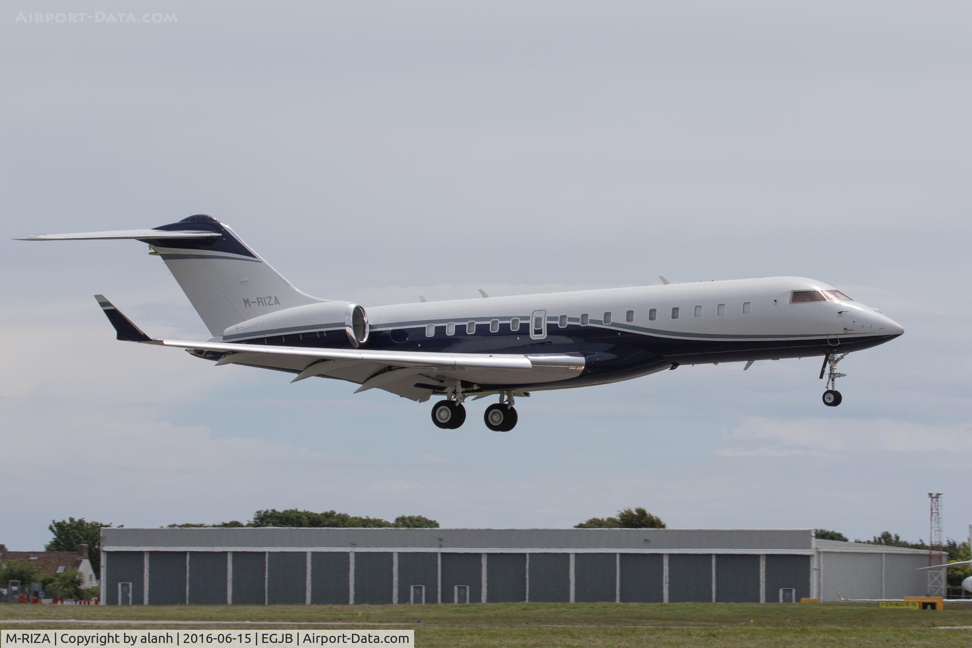 M-RIZA, 2012 Bombardier BD-700-1A10 Global 6000 C/N 9545, Arriving at Guernsey from Basle