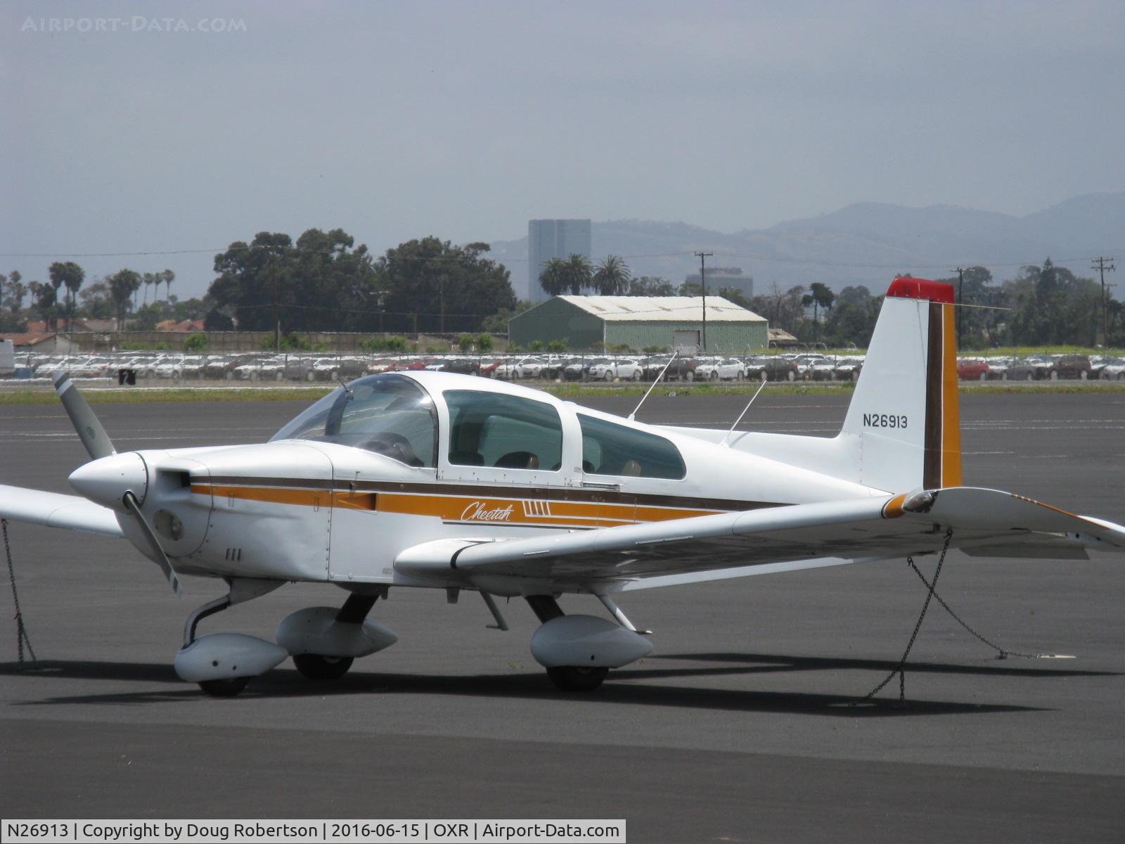 N26913, 1979 Gulfstream American AA-5A Cheetah C/N AA5A0808, 1979 Gulfstream American AA-5A CHEETAH, Lycoming O-320 150 Hp, 4 place, after 1976, the CHEETAH had the same enlarged horizontal tail as the 180 Hp AA-5B TIGER. on OXR Terminal ramp.