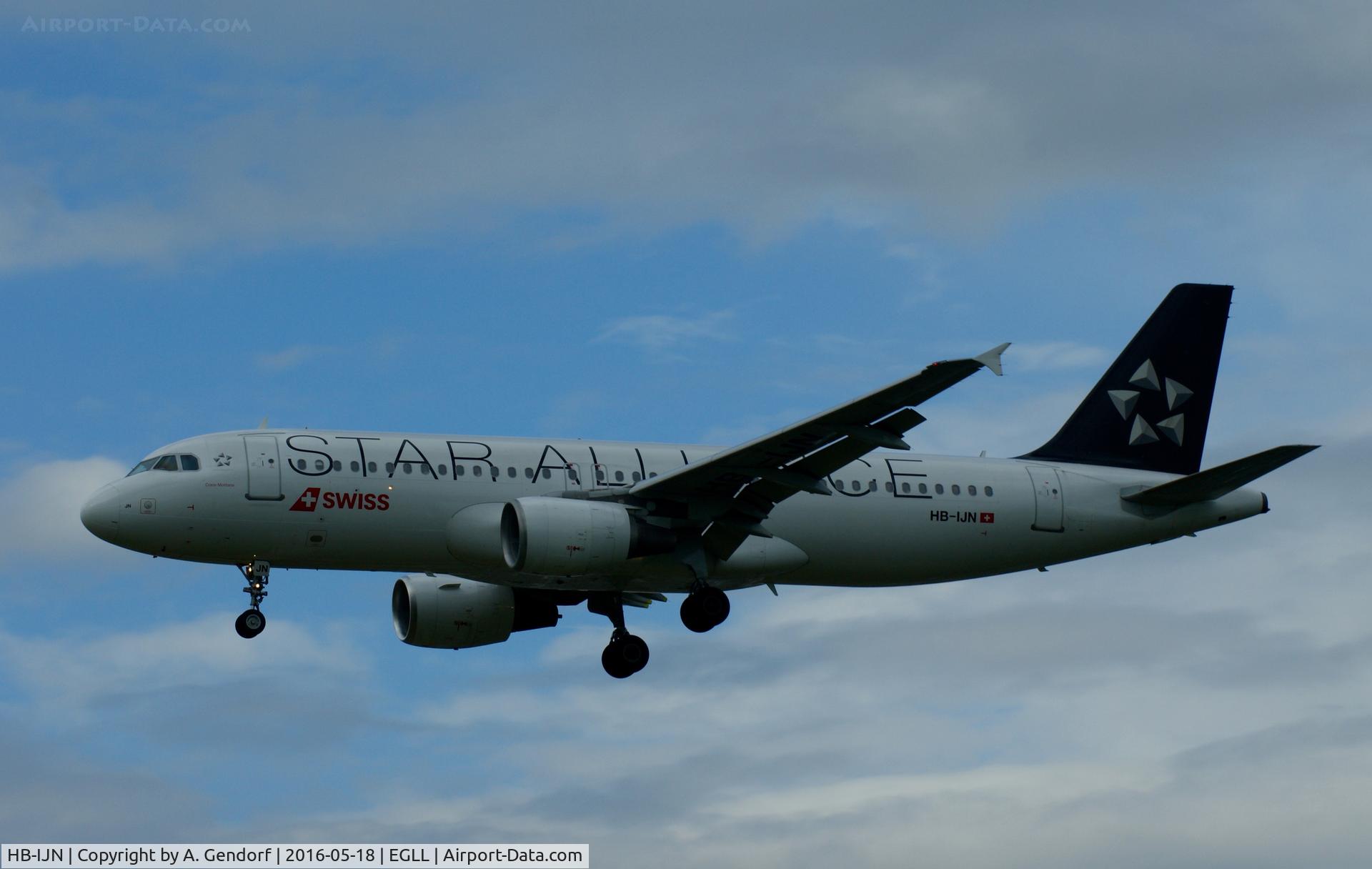 HB-IJN, 1996 Airbus A320-214 C/N 643, Swiss (Star Alliance cs.), is here landing at London Heathrow(EGLL)