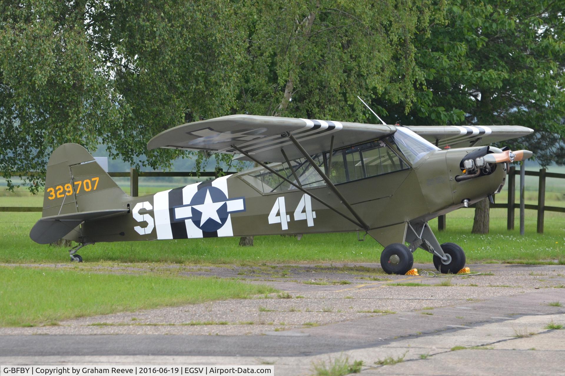 G-BFBY, 1944 Piper L-4H Grasshopper (J3C-65D) C/N 10998, Parked at Old Buckenham.