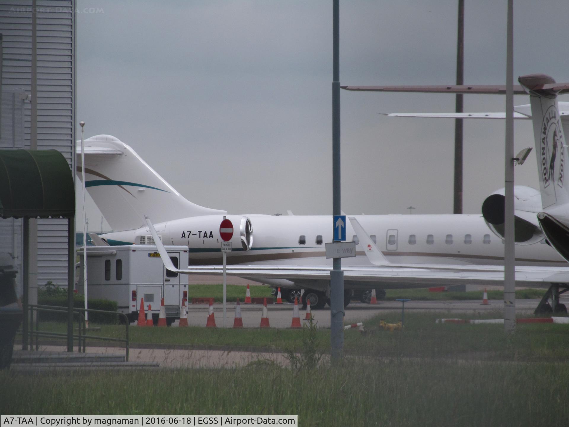 A7-TAA, 2015 Bombardier BD-700-1A10 Global 6000 C/N 9661, at Stansted long shot across apron