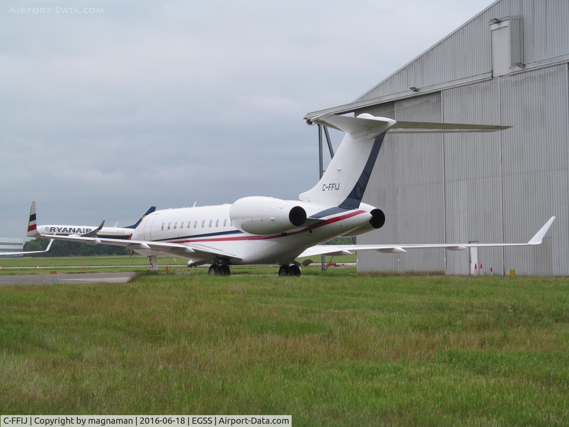C-FFIJ, 2014 Bombardier BD-700-1A11 Global 5000 C/N 9642, hiding between hangars