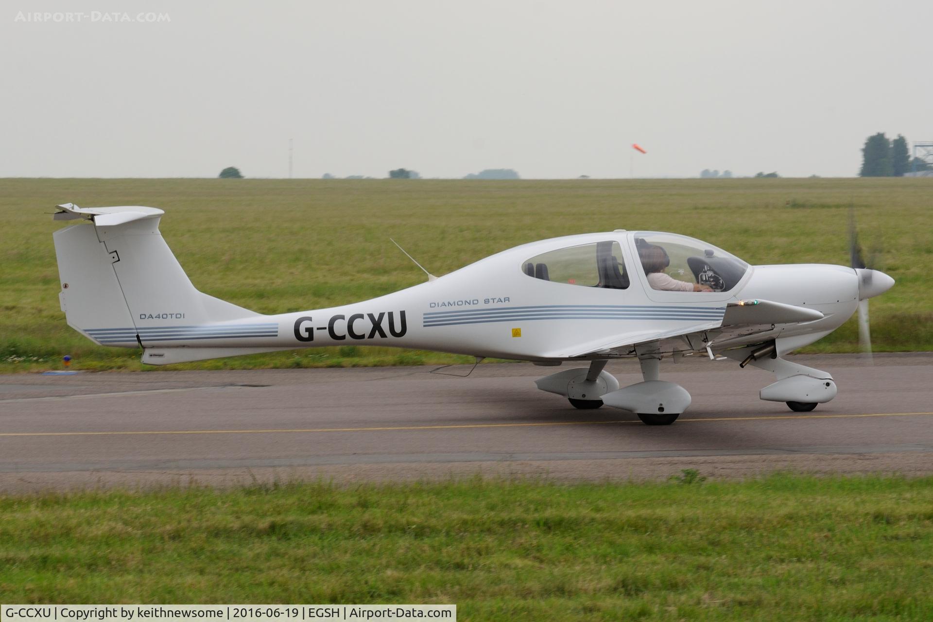 G-CCXU, 2003 Diamond DA-40D Diamond Star C/N D4.037, Leaving Norwich.