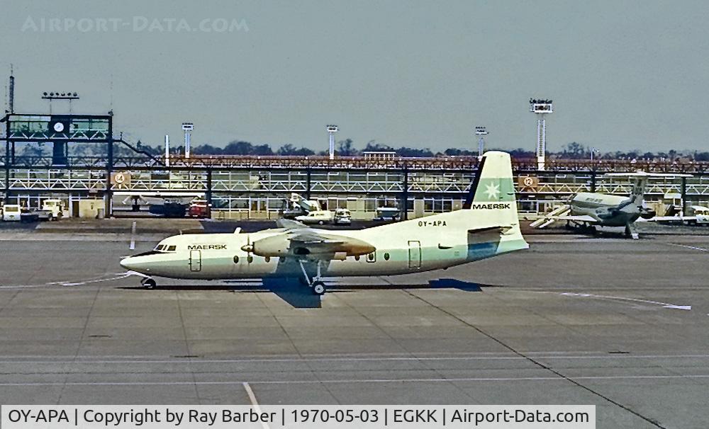 OY-APA, 1969 Fokker F-27-500 Friendship C/N 10425, Fokker F-27-500 Friendship [10425] (Maersk Air) Gatwick~G 03/05/1970. From a slide.