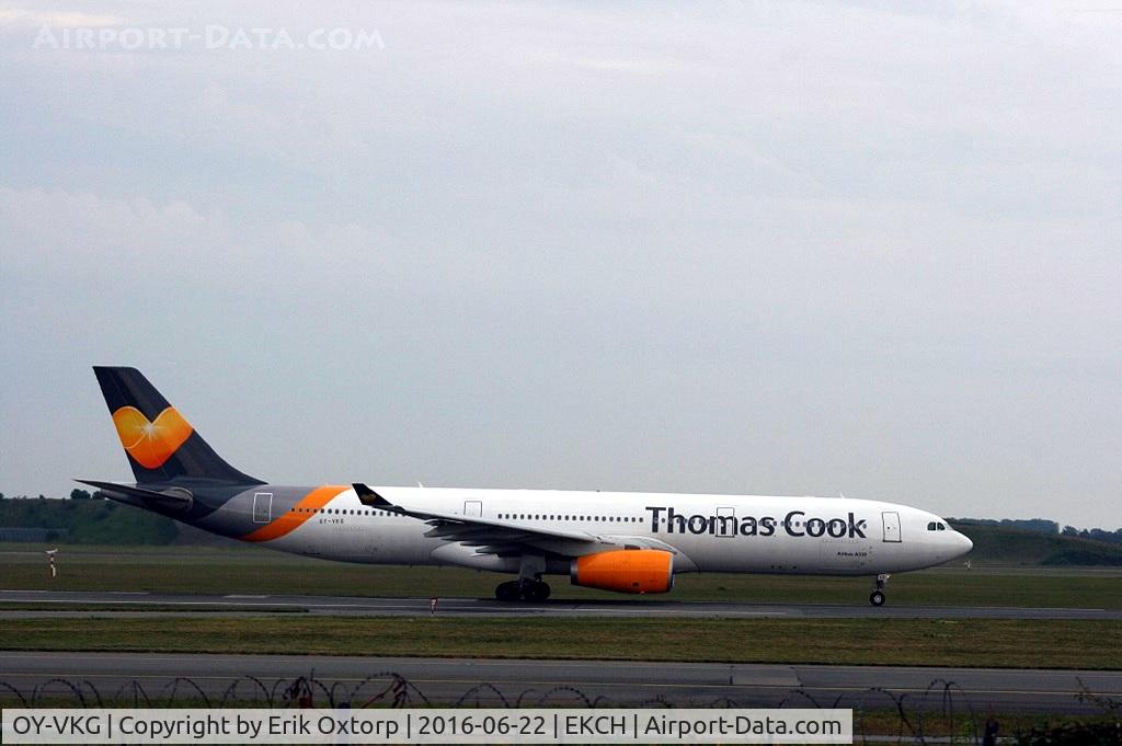 OY-VKG, 2000 Airbus A330-343X C/N 349, OY-VKG repainted in the latest Thomas Cook c/s.
Taking off rw 22R